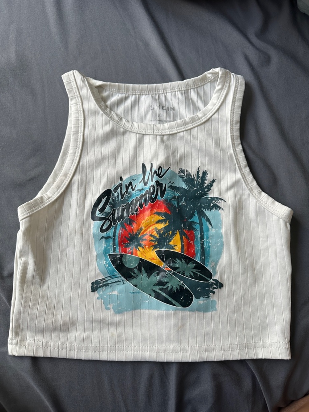 White Crop Top with Surf Graphic